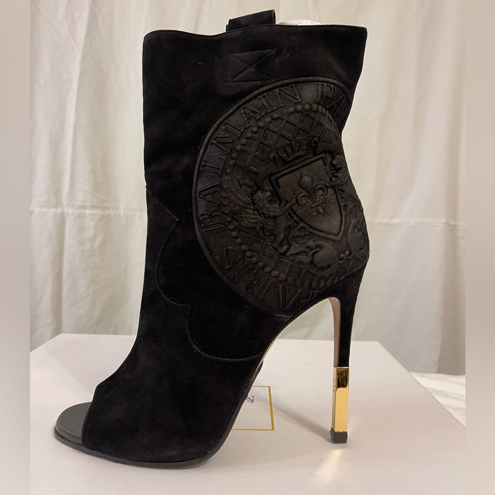 Black Balmain Medallion Embossed Suede Open Toe Ankle Boots Black $1279 Sz 37.5